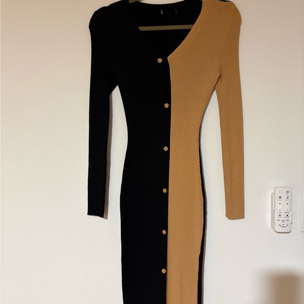 Fashion Nova Black and Camel Button-Front Midi Dress